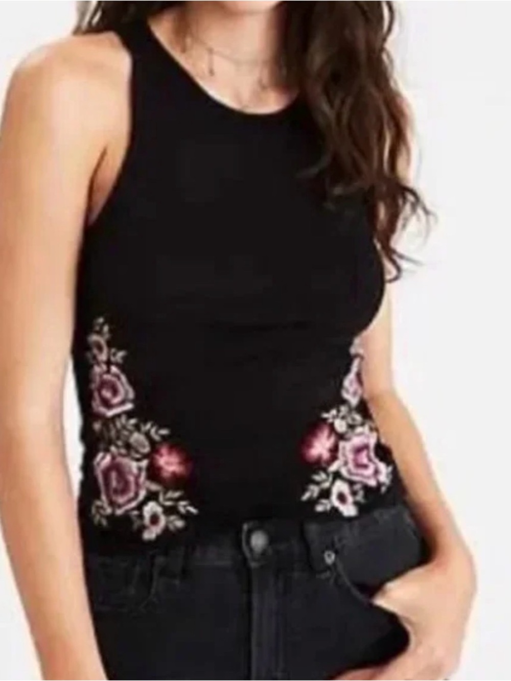 American Eagle Outfitters Black Tank Top with Flower Details - Small